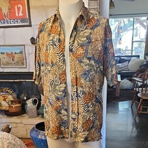 Via Veneto Rayon Shirt Men M Brown Blue Leaves button up Hawaiian tropical Rayon